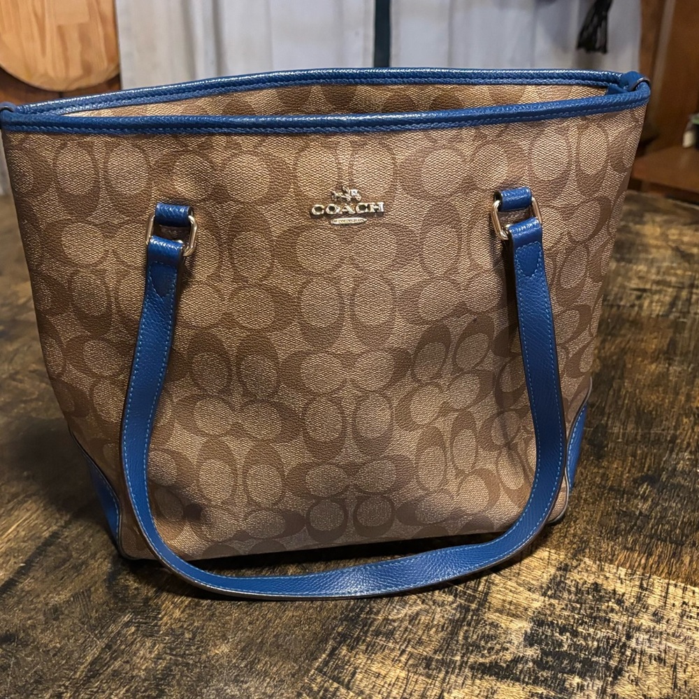 Coach Signature Brown and Blue Tote with Leather Accents